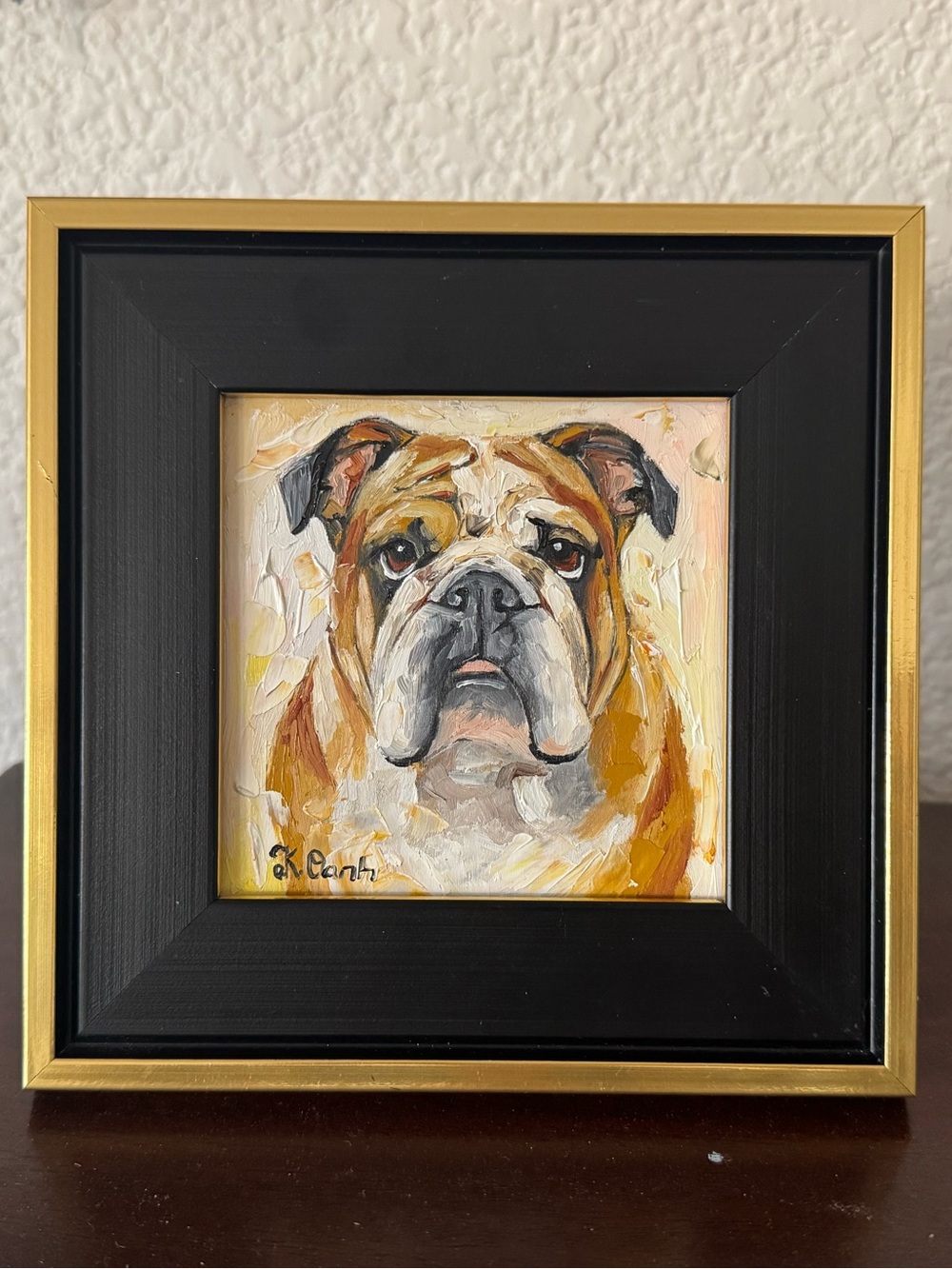Original oil painting English bulldog portrait signed framed 4x4 inches
